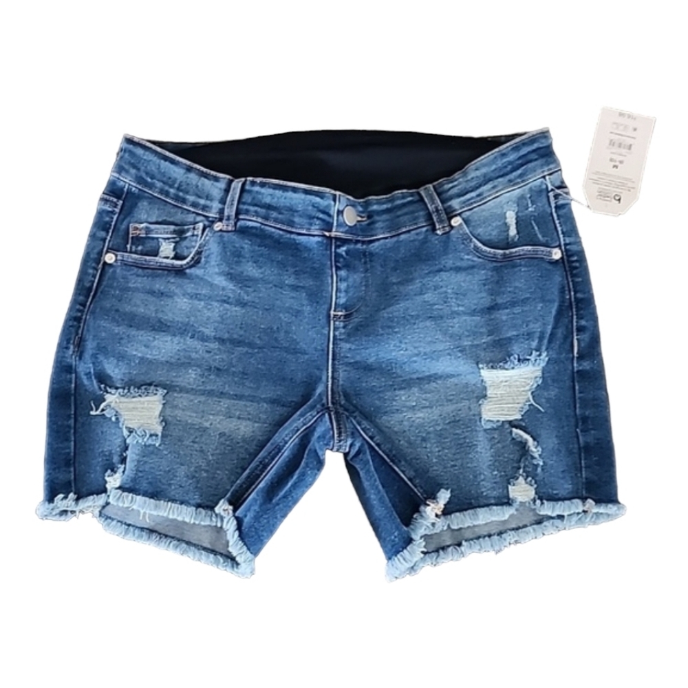 TIME AND TRU Maternity Jean Shorts M 8 10 Distressed Bermuda Stretch Belly Band - Picture 6 of 9